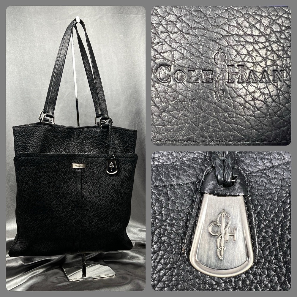Cole Haan Marcy Tech Pebbled Leather Tote Black Bag‎ Charm Magnetic Closure 14"